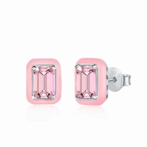 Pink Framed Rhodium Plated Silver Ladies Earrings