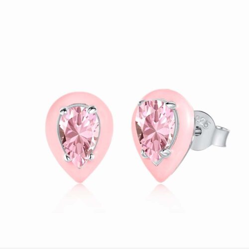 Water Drop Shape Pink Stone Silver Ladies Earrings