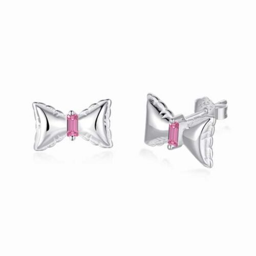 Bowknot Shape Pink Stone Silver Ladies Earrings